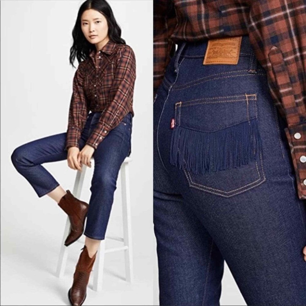 Levi's Wedgie Straight Leg High Rise Western Fringe Pocket Jeans